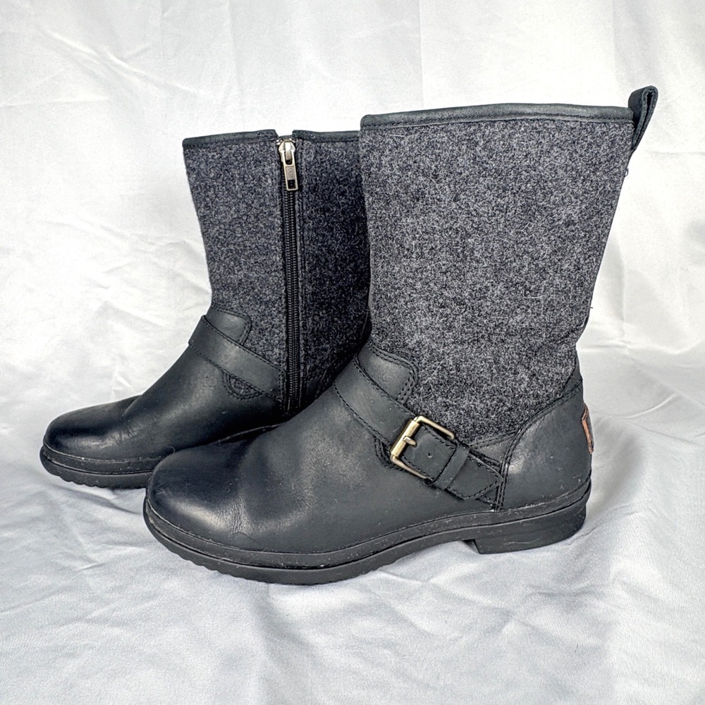 UGG Robbie Waterproof Black‎ Leather Wool Blend Mid Calf Moto Boots Womens 8